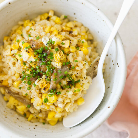 Vegan Corn Risotto with Roasted Shallots
